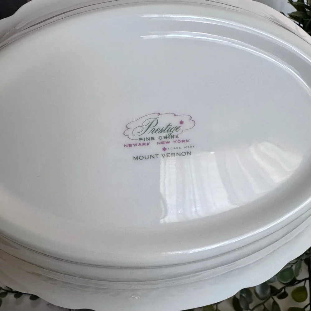 Prestige Fine China Mount Vernon Oval Vegetable Bowl White Rose Gold Trim 10